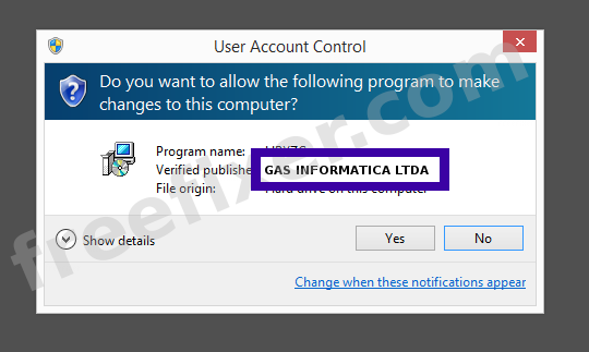 Screenshot where GAS INFORMATICA LTDA appears as the verified publisher in the UAC dialog